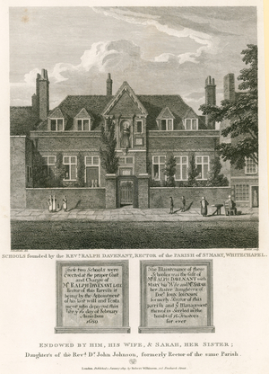 Schools founded by the Reverend Ralph Davenant, Rector of the Parish of St Mary, Whitechapel (engraving)