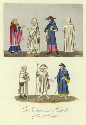 Ecclesiastical habits of the 14th Century (coloured engraving)