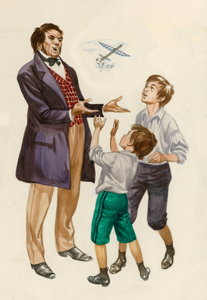 The Wright Brothers as boys, given a toy plane by their father (gouache on paper)