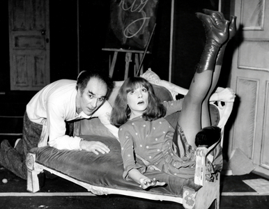 Michel Piccoli and Michele Moretti in Play "Allo ! C'Est Toi Pierrot" in Paris on November 29, 1971 (b/w photo)