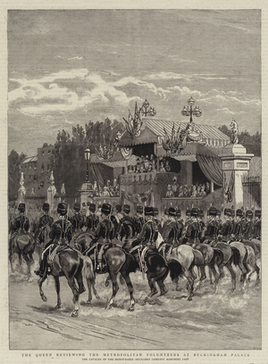 The Queen reviewing the Metropolitan Volunteers at Buckingham Palace (engraving)