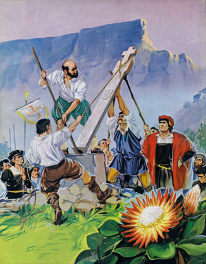 Bartholomew Dias watches his men setting up a stone cross (colour litho)