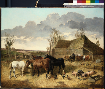 Horses eating from a manger, with pigs and chickens in a farmyard (oil on canvas)