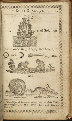An illustrated bible page. 'The ships of Solomon came once in three years and brought gold and silver, ivory and apes and peacocks'.