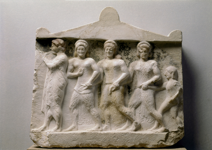 GREEK ART: Marble votive relief depicting The dance of the daughters of Cecrops …, c. 510BC (marble)
