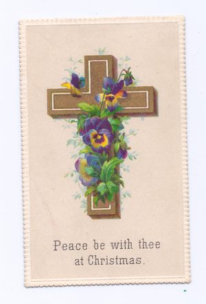 A Victorian religious Christmas card of a cross decorated with pansies, c.1880 (colour litho)