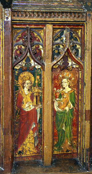 Saints Barbara and Cecilia, detail of the rood screen, St Mary's Church, North Elmham, Norfolk, UK (tempera on wood)