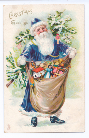 Edwardian Christmas postcard of Father Christmas holding a sack of toys with a Christmas tree on his back, c.1910 (colour litho)