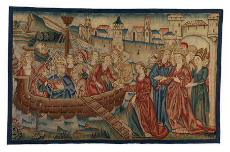 Tapestry panel depicting the Meeting of St Ursula and Prince Artherius in Mayence, from Middle Rhineland, end of 15th century (wool & metallic thread)