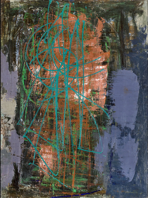 Pink image with green mark, 1956 (mixed media)