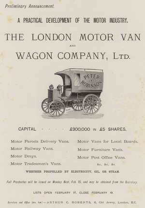 Advertisement, London Motor Van and Wagon Company (engraving)
