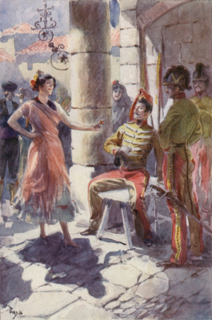 With her hand on her hip she had an answer for each and all (colour litho)