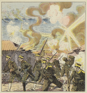 Bombardement de Gensan par la flotte russe de Vladivostok (colour litho)