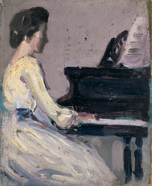 Artist's Sister at Piano (oil on board)