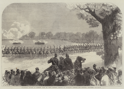 Volunteer Review in Windsor Park on Whit Monday, Charge of Yeomanry Lancers and Mounted Artillery (engraving)