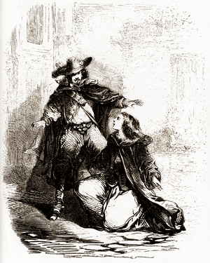 D'Artagnan pursues Constance Bonacieux, who falls to her knees, 1853 (illusration)