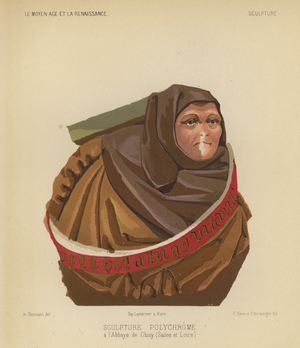 Polychrome sculpture from Cluny Abbey, France (chromolitho)