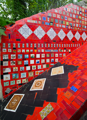 Mosaics on wall, Selarón Steps, Lapa District, Rio de Janeiro, Brazil, March 2018 (photo)