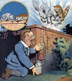 Theodore Roosevelt delivering a jolt of electric current, 1908