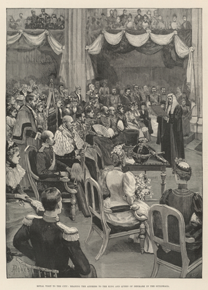 Royal Visit to the City, reading the Address to the King and Queen of Denmark in the Guildhall (engraving)