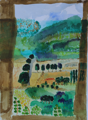 View of fields from window, 2009 (watercolour)