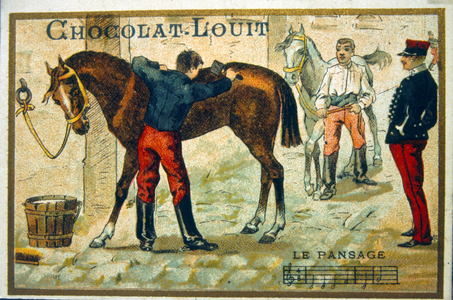 chocolate wrapper. circa 1900. depicting French cavalry grooms attending horses in stables