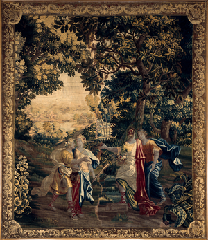 Palace (Château d'Eu). The museum (Musée Louis-Philippe du château d'Eu). Flemish tapestry. Mirtillo declares his love to Amarillis (Mirtillo bekent aan Amarilli zijn liefde). 294x253cm. 18th century. Made in Oudenaarde.