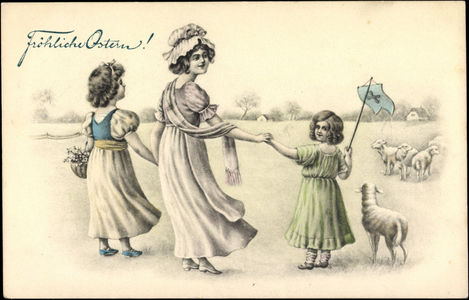 Artist Happy Easter, Girls, Lambs, Basket
