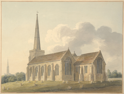 A watercolour view of St. Martin's Church in Salisbury set in the churchyard; trees in the distance