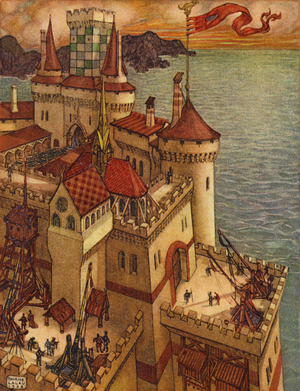 The castle rose by the sea-coast, fair and strong, well fortified against all assault and all engines of war (colour litho)