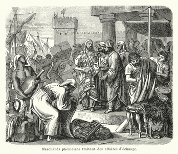 Marchands pheniciens traitant des affaires d'echange (engraving)