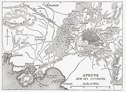 Map of Athens and Piraeus, Greece, mid 19th century.  From The Imperial Bible Dictionary, published 1889.