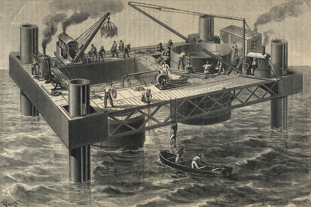 Sinking caisson for one of piers of the second railway bridge over the River Tay, Scotland, 1883