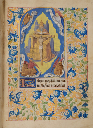 Ms 37 fol.190r Trinity with symbols of the Evangelists, from the Hours of Elizabeth Plantagenet, c.1475 (gouache & bodycolour on vellum)