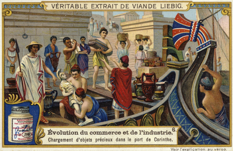 Loading precious objects onto a ship in the port of Corinth, Ancient Greece (chromolitho)