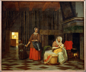 Interior with mother feeding her child, and a maid (oil on canvas)