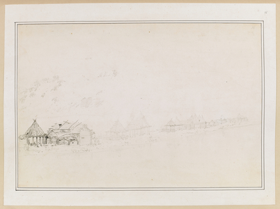 Native huts; pencil and pen drawing.