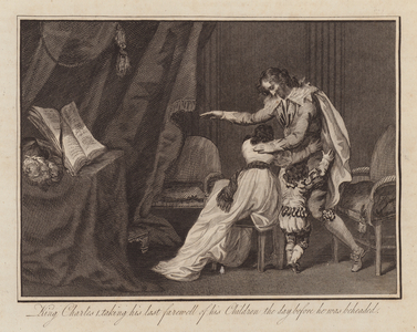 King Charles 1 taking his last farewell of his Children the day before he was beheaded (engraving)