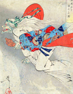 Japan: Ibaraki, the Demon of Rashomon, flies off with her severed arm, Ukiyo-e painting by  Tsukioka Yoshitoshi (1839-1892)