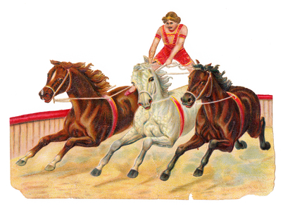A Victorian Paper Scrap Relief of a strongman astride three galloping horses, c.1880 (colour litho)