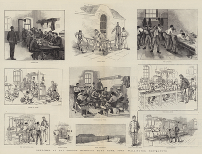 Sketches at the Gordon Memorial Boys' Home, Fort Wallington, Portsmouth (engraving)