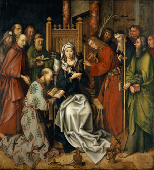 The Death of the Virgin, From the Altarpiece of the Dominicans in Frankfurt, 1501 (mixed media on fir)