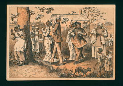 African American people strolling in a garden (colour litho)