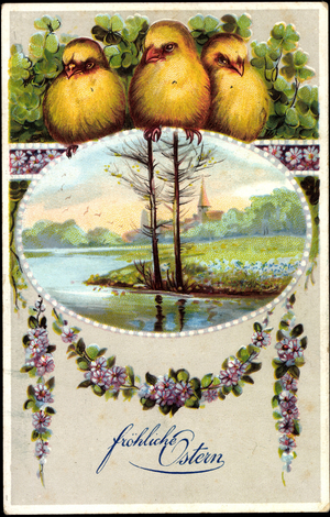 Congratulations Easter, Chick, Landscape, Flowers