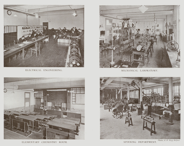 Municipal Technical Institute, Belfast, Electrical Engineering, Mechanical Laboratory, Elementary Chemistry Room, Spinning Department (b/w photo)