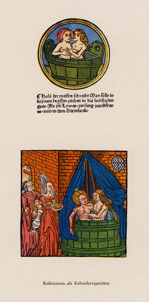 Bathing scenes in calendar vignettes (colour litho)