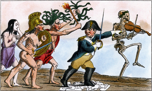 Napoleon flees from the island of Elba and brings back discord, war and misery. 1895 (print)