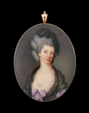 Portrait miniature of a Lady wearing pale pink dress and black lace shawl, feathers in her powdered hair (w/c on ivory)
