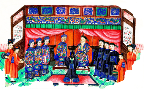 China: A court scene. Qing Dynasty watercolour painting by an anonymous artist, mid to late 19th century