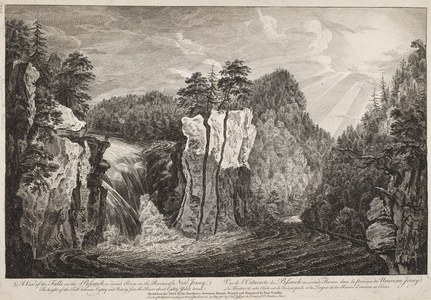 Two figures stand on top of a cliff looking at the Great Falls, with the Passaic River in the foreground, and the sun breaking among clouds above the forest in the background